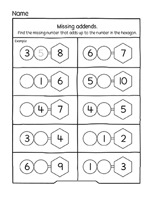 Missing addend activity sheets for first graders homeschool children
