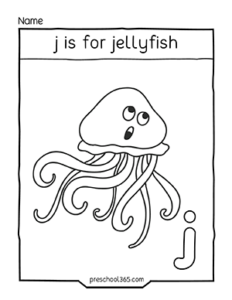 Free J for Jelly Fish Coloring sheet for homeschool kids