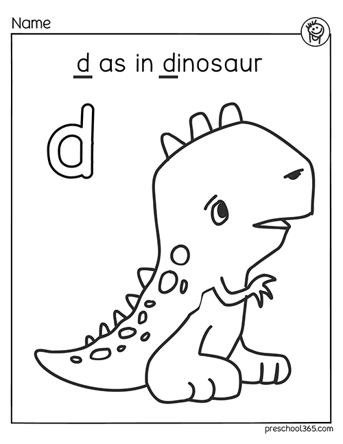 d as in dinosaur coloring sheet for preschool kids