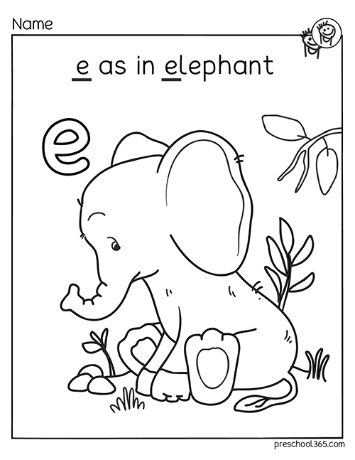 e as in elephant coloring sheet for preschool kids