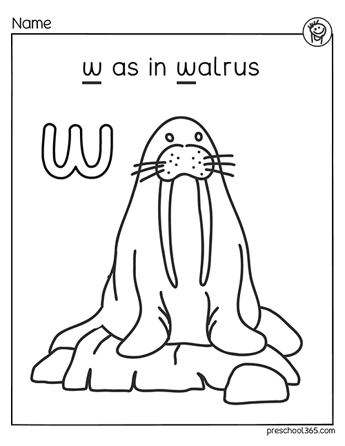 w as in walrus coloring sheet for preschool kids