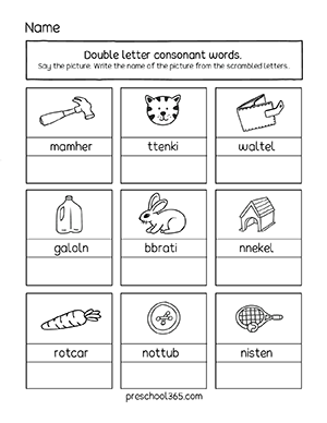 Phonics double consonant activities for kindergartens