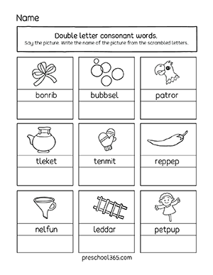 Phonics double consonant printables for homeschool kindergarten