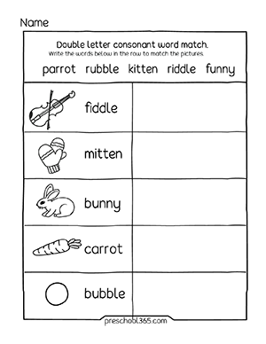 Phonics double consonant worksheets for kindergarten children