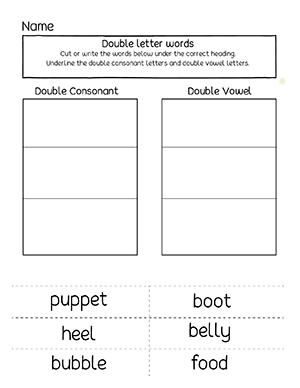 Phonics double consonant and vowel words activity sheets for first grade children