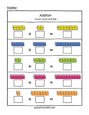 Addition to 10 preschool printable pages
