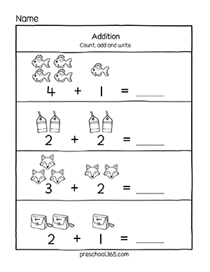 Simple addition activity sheets for pre-k children