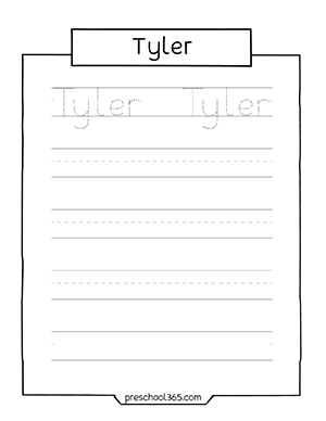 Free kids name tracing practicing activity sheet Tyler