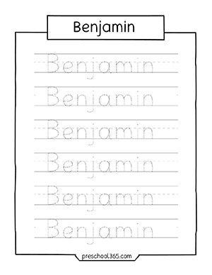 Free name practice sheets for preschool Benjamin