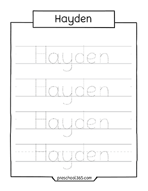 Hayden Name practice sheet for kindergarten