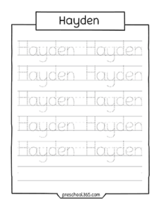 Hayden preschool name tracing sheet | Preschool365