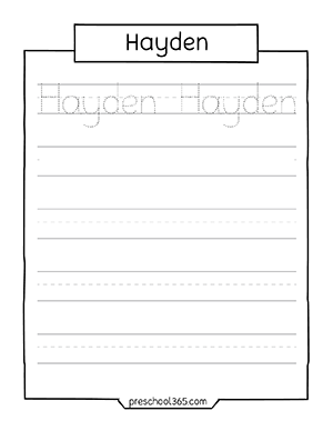 Childrens name practice activity sheet for preschool and kindergarten Hayden