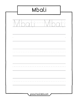 Free kids name tracing practicing workshseet mbali