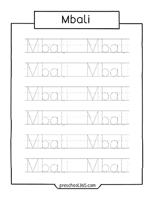 Free kids name tracing practicing workshseet mbali