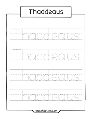 Childrens name practice activity sheet for preschool and kindergarten Thaddeaus