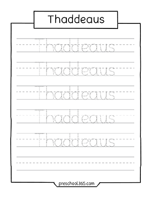 Thaddeaus name practice sheet for preschool kids