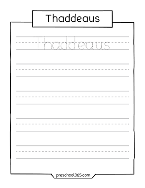 Thaddeaus name practice worksheet for kindergarten kids