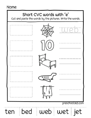 Quality printables on Short cvc words with letter e for pre-k kids