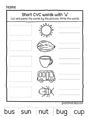 Quality printables on Short cvc words with letter u for preschool parents