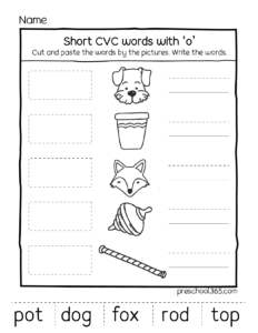 Short cvc words with letter o for pre-k kids