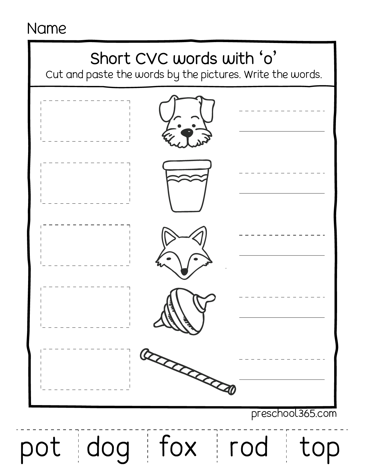 Short cvc words with letter o for pre-k kids