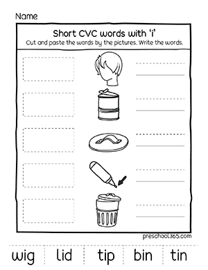 Short cvc words with letter i for pre-school kids