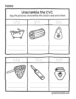 CVC short words scramble worksheet for preschoolers