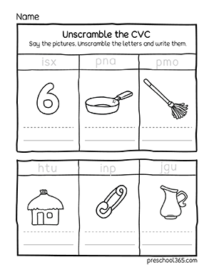 Short CVC words printables for kindergartens