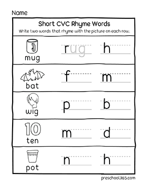 Short CVC rhyme words for pres-kindergartens