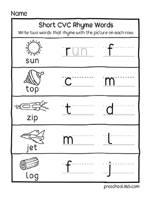 Short CVC rhyme word worksheets for children