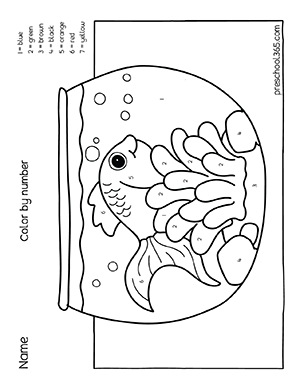 Color by number printables for 4 years olds, fish in an aquarium