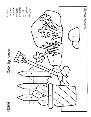 Color by number printables for 3 years olds, in the garden