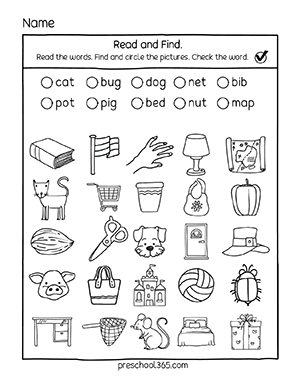 Free read and find word search activity for kindergartens