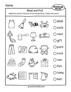 Word search and find activity worksheets for pre-k homeschool kids