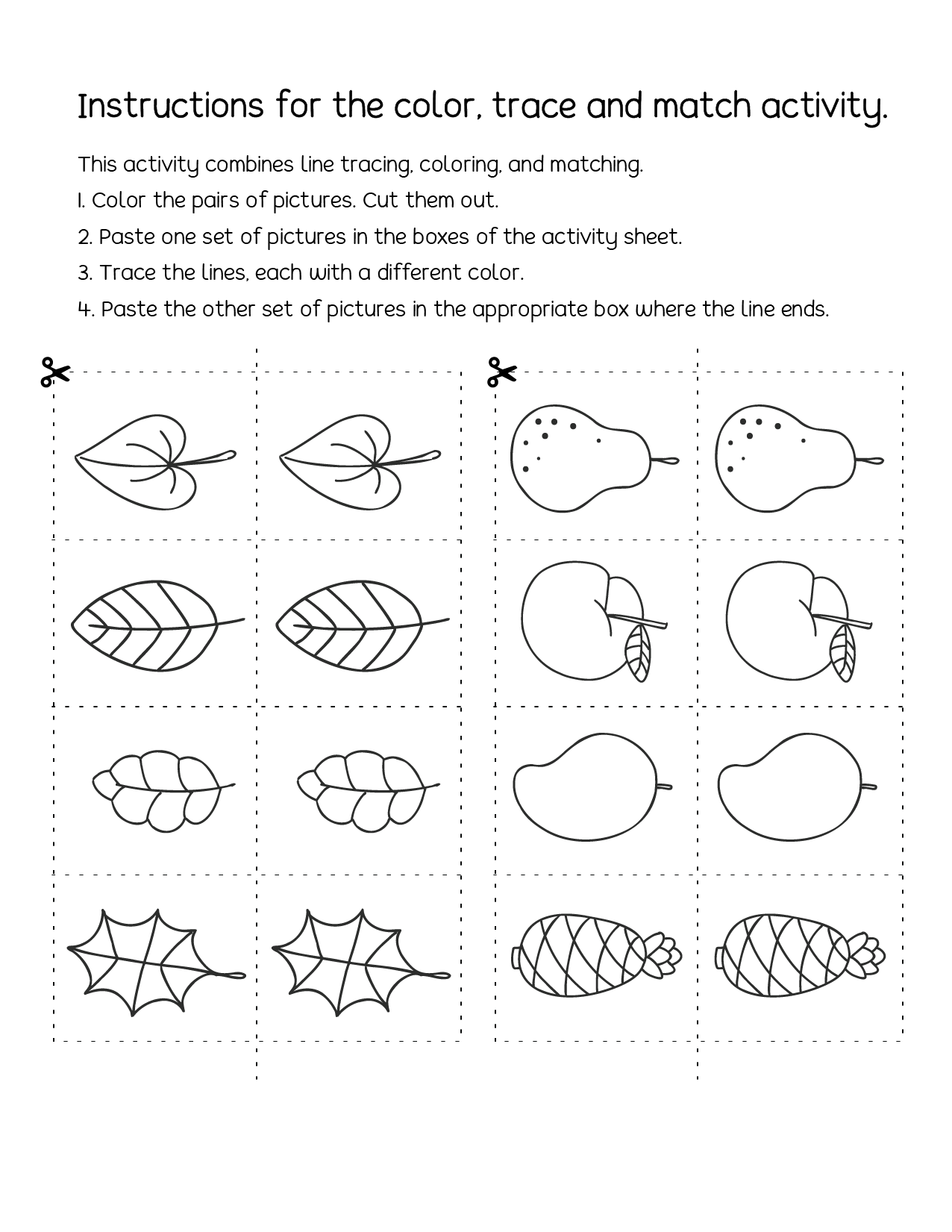 Line tracing, coloring and matching activity sheets for 3 year olds