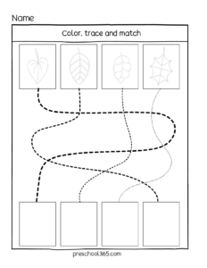 Line tracing, coloring and matching activity on leaf-sheets for 3 year olds