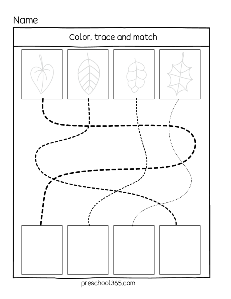 Line tracing, coloring and matching activity on leaf-sheets for 3 year olds