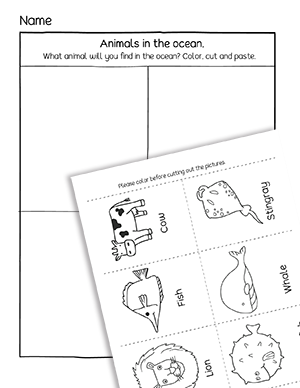 Ocean animals cut and paste printables for preschool and preK children