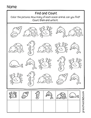 Ocean animals find and count fun worksheets for homeschool children in preschool