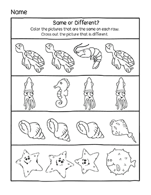 Free Same or different ocean theme activity sheets for four year old children