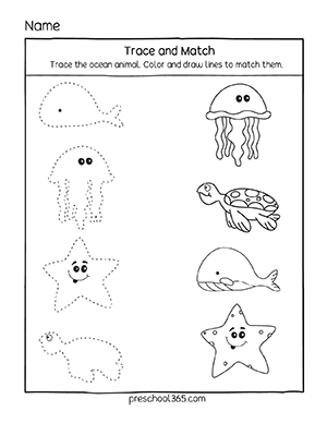 Ocean Animals matching and tracing activity theme for preschool teachers