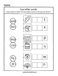 Two letter sounds activities with the A vowel for 4 year old children