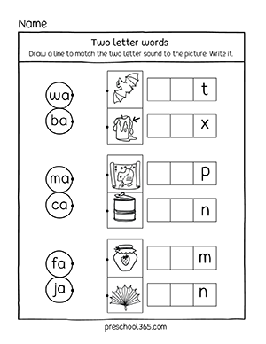 Two letter sounds activities with the A vowel for 4 year old children