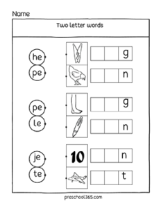 Free two-letter sounds activities with the E vowel for pre-k-kids