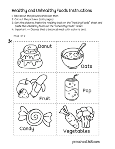 Free healthy food and unhealthy food activity sheets for preschool
