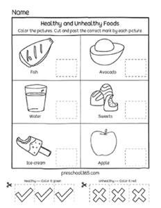 Free healthy food and unhealthy food activity sheets for preschool