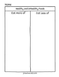 Free healthy food and unhealthy food activity sheets for preschool