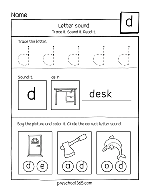 Free Letter D sound downloadables for preschoolers