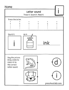 Free Letter I sounding activity worksheets for preschool and preK children