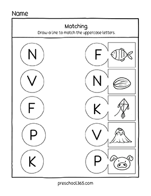 Preschool letter matching worksheets with illustrations